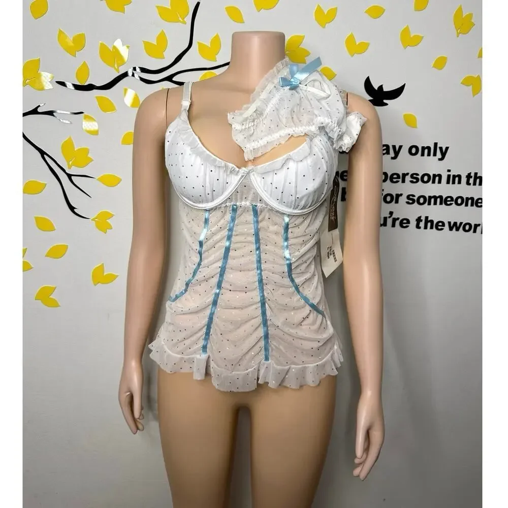 Escante Lover’s Lane Women’s Lingerie Sequin Cami‎ Set Blue Ribbon Size 1x White - Picture 4 of 12